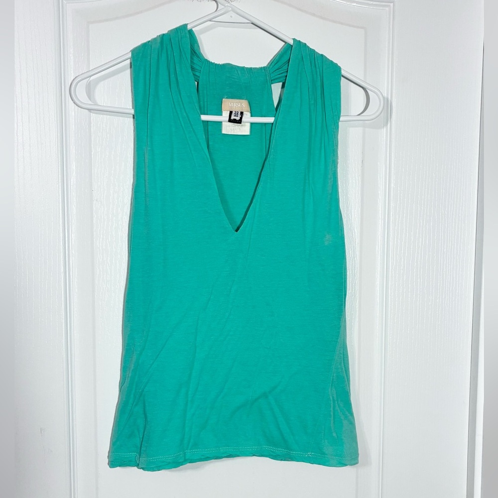 Y2K Versus Versace Cropped Halter Tank Top Italy Made Vintage Aqua IT 46 US 10